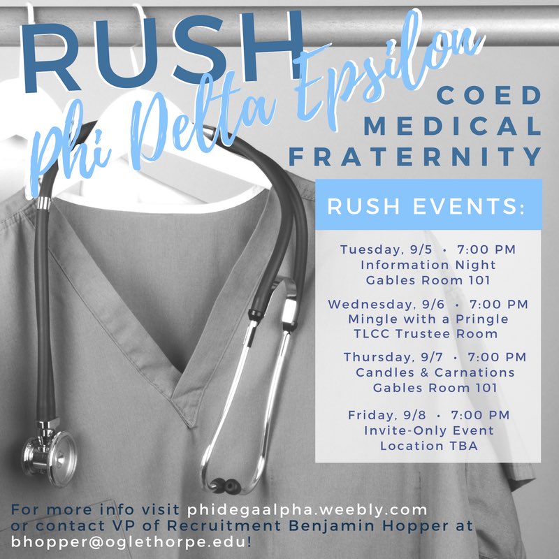 PhiDEGAAlpha's tweet photo. Pre-Med?
RUSH ΦΔΕ, international medical fraternity! Join us tonight at 7:00pm in Gables 101 for an informational meeting!
#PhiDEPride https://t.co/PuEGHkEibF