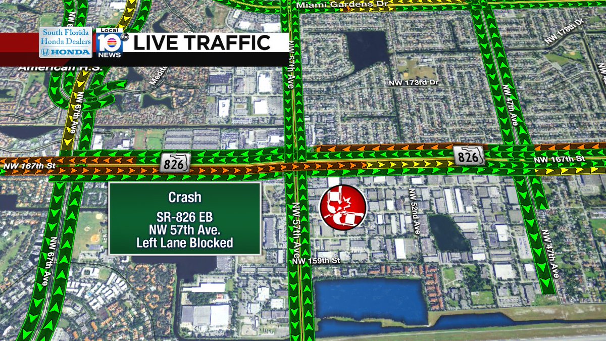 CRASH: SR-826 EB & NW 57th Ave. A left lane is blocked; expect delays. #TRAFFIC #MIAMI https://t.co/xEKBePLn4v