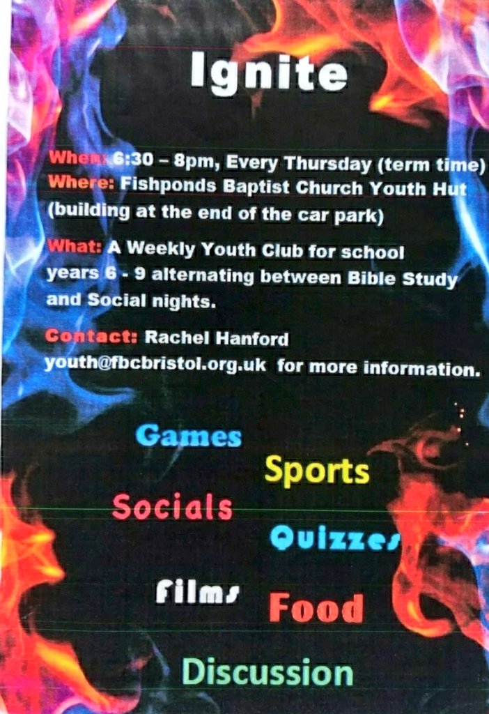 Fbcyouthworker1's tweet photo. Ignite starts back this week!! Please join us on Thursday @fbcbristol  youth hut, if you are in year 6-9 for our start of year social! https://t.co/DTeRUH6LU7