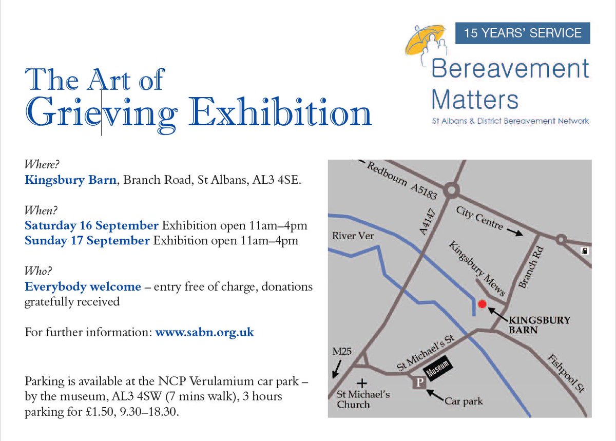 BrvmntMatters's tweet photo. @VCStAlbans Join us at Kingsbury Barn on Saturday 16th and Sunday 17th September 11am-4pm. #bereavementmatters #artofgrieving https://t.co/9CavqnNMmN