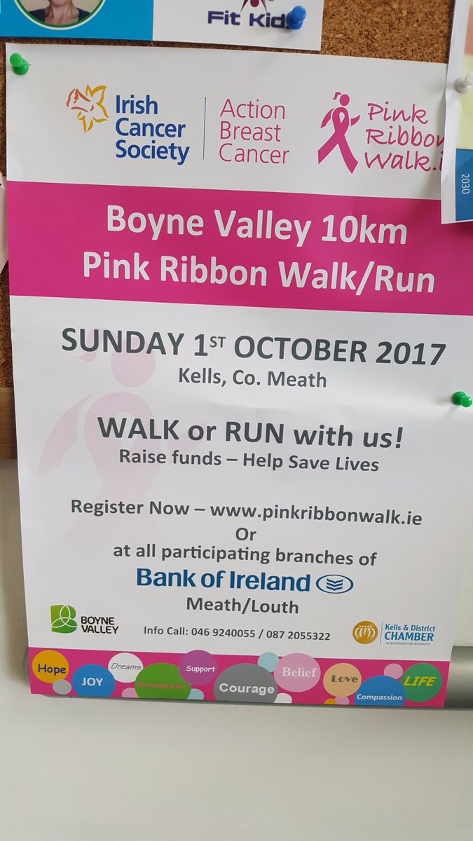 Will You Walk With Us? Sign up for our 10km Run/Walk in Kells on Sunday October 1st in aid of <a href="/IrishCancerSoc/">Irish Cancer Society</a> at pinkribbonwalk.ie