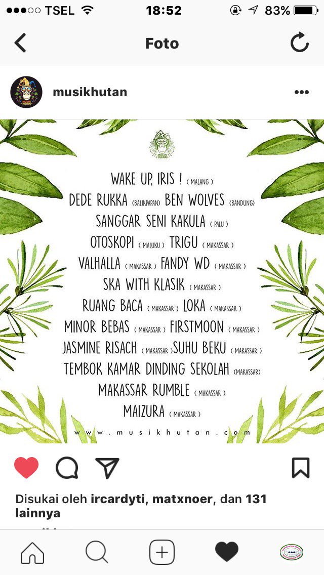 LINE UP
MUSIKHUTAN 2017
06-08 OKT 2017
Desa.Bissoloro
Kec.Bungayya
Kab.Gowa - Sulsel