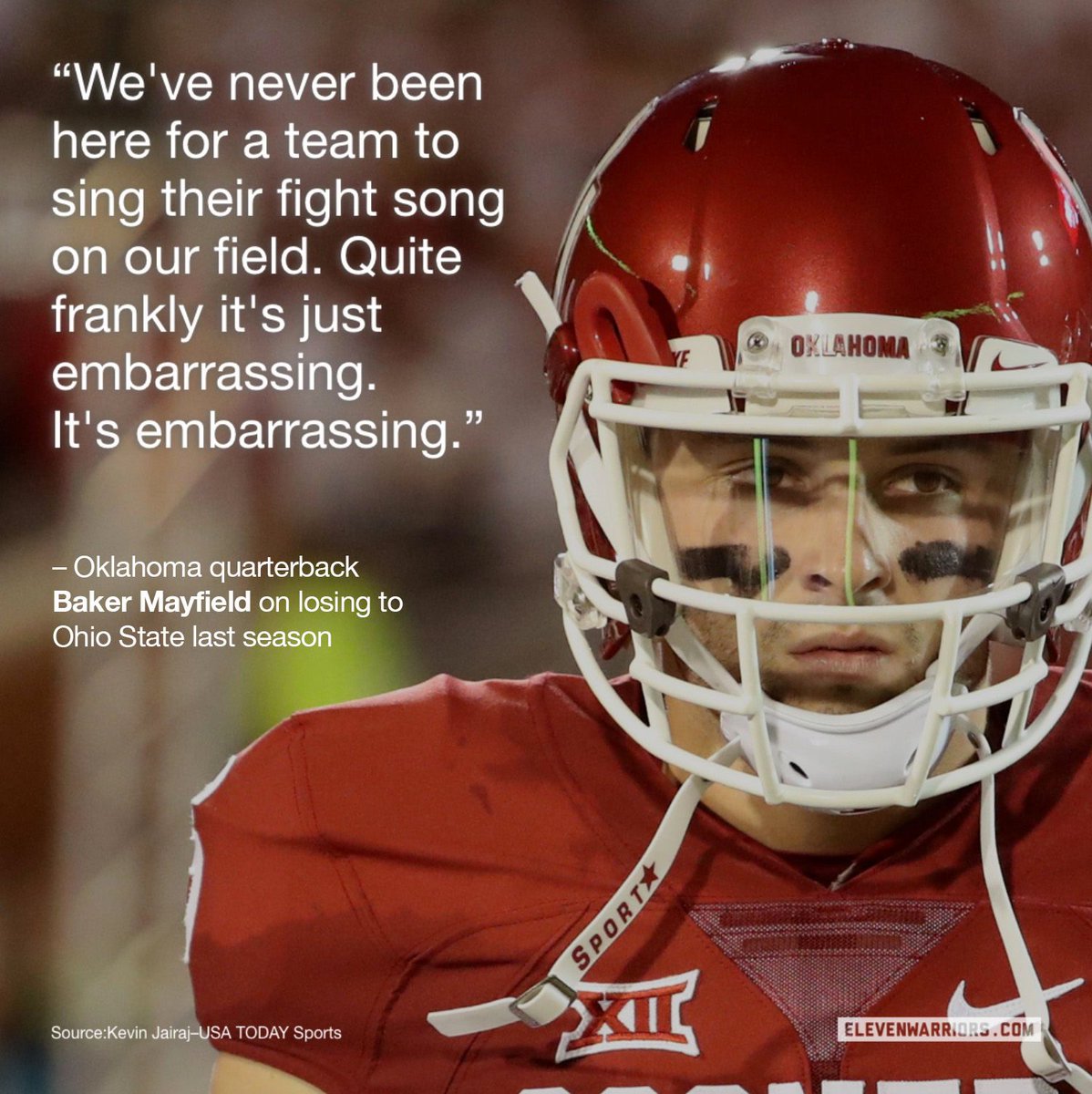 11W's tweet photo. Oklahoma quarterback Baker Mayfield has thoughts on Buckeyes taking over his stadium last year.
https://t.co/AZbV90kkNg https://t.co/7YGnpLZyWW