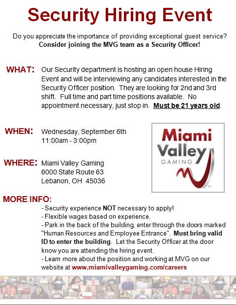 MVGCareers's tweet photo. SECURITY HIRING EVENT at MVG tomorrow 11am-3pm! No appointment necessary, just bring a valid ID &amp; stop in. Details below! #hiringevent https://t.co/lXLwxANV2X