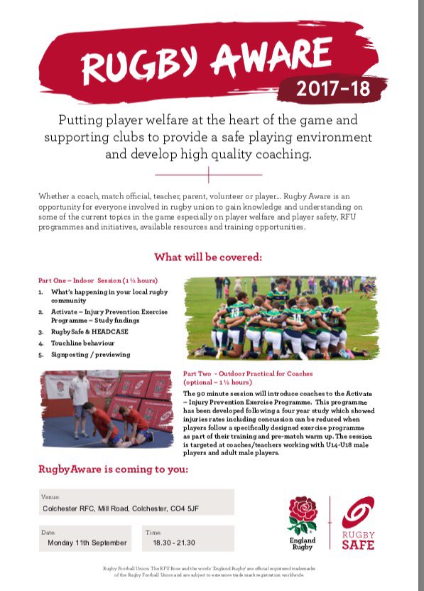 SuffolkCambsRDO's tweet photo. Who is coming to our first Rugby Aware Workshop @ColchesterRFC Open to all involved in Rugby...
#injuryprevention #Headcase @MistleyRUFC https://t.co/PfcttSqSDQ