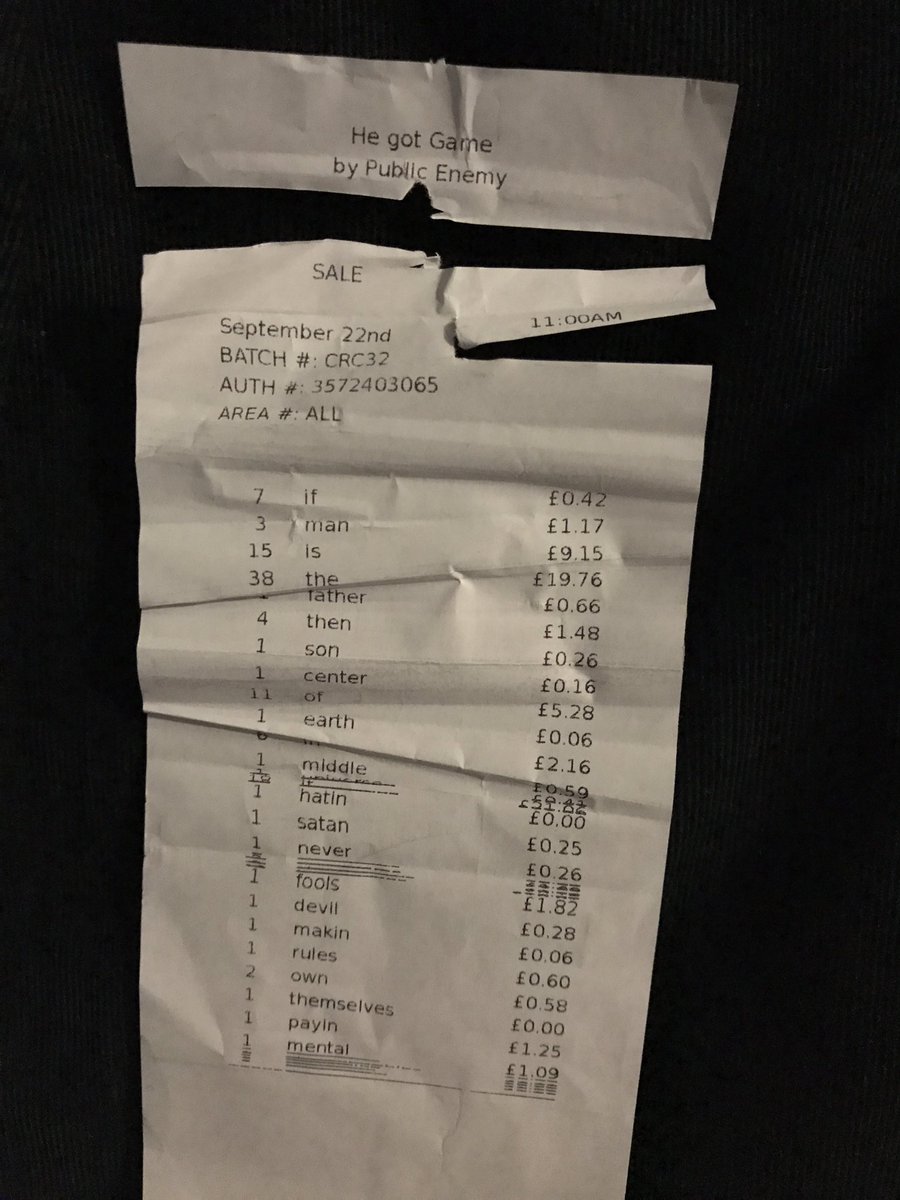 the first 'poem' to make the receipt printer eat itself.... had to be a Public Enemy song #hegotgame