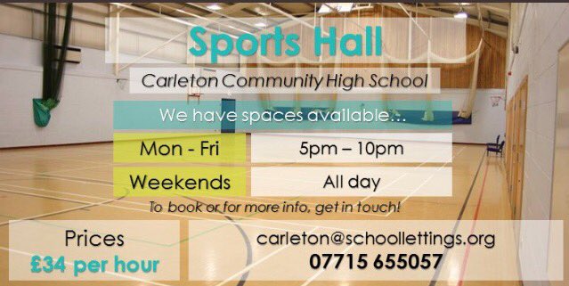 CarletonHighSLS's tweet photo. Does your team a #SPORTSHALL
🏃🏃🏻♀️
Get In touch! 📱💻📧
#slsteam #sport #fitness https://t.co/CI86Vr7EhD