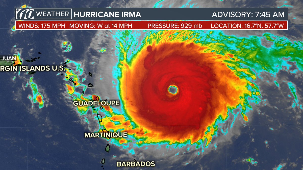 GrantGilmoreWX's tweet photo. BREAKING: #Irma has strengthened to a Cat. 5 Hurricane with 175mph winds. This is a dangerous storm as it approaches the NE Caribbean. https://t.co/bHDf2OfZm7