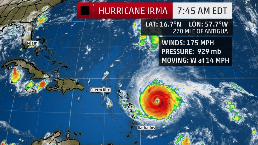 weatherchannel's tweet image. BREAKING: #Irma becomes a Category 5 #hurricane with 175 mph maximum sustained winds.