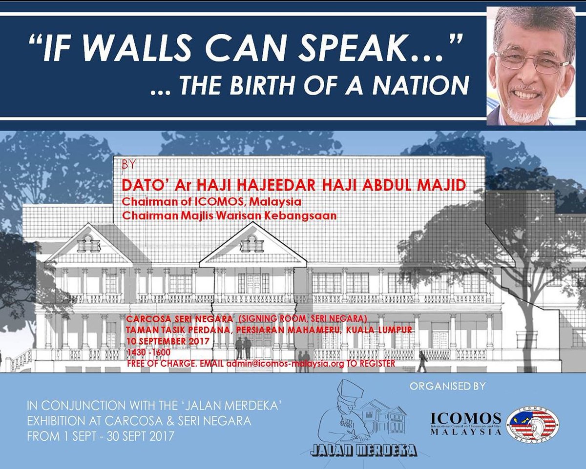 SaifulbRamli's tweet photo. #JomDatang
HERITAGE TALK: IF WALLS CAN SPEAK --- BIRTH OF A NATION BY DATOβ AR HAJEEDAR ABDUL MAJID President of ICOMOS Malaysia
@MyICOMOS https://t.co/YrzkZpEgTA