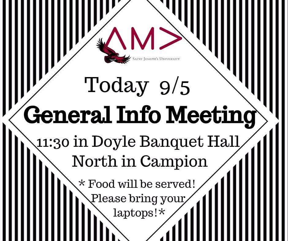 SJUAMA's tweet photo. TODAY! First Meeting! Stop by Doyle Banquet Hall North in Campion at 11:30 during free period to find out what the AMA is all about! https://t.co/ZTUgRKZ780