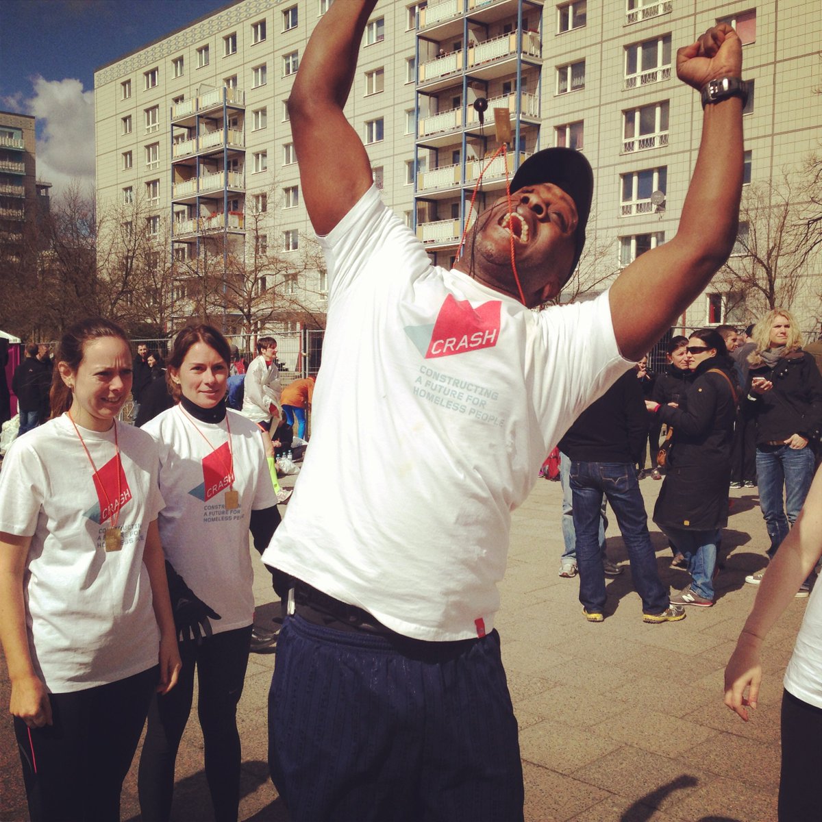Kunlebarker's tweet photo. Love this photo @Kunlebarker celebrating Berlin Marathon with #flashjump. @IllustriousHome raised some valuable money to help @CRASHcharity https://t.co/wbA50rg2nW
