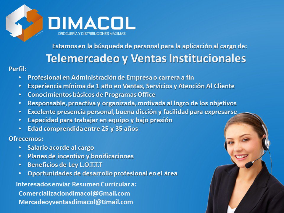 Dimacoldrog's tweet photo. #Telemercadeo #VentasInstitucionales #Empleo #Oportunidad #Droguería #Dimacol #ExpertosEnServicios #Cabimas #Col #Zulia #Venezuela https://t.co/G1EdadcZ6y
