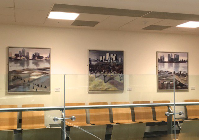 WendyBSPainter's tweet photo. Delighted these three paintings of Canary Wharf have been bought by RBAET for permanent display in #RollsBuilding @royalcourts #FetterLane https://t.co/IHBfMyO9bq