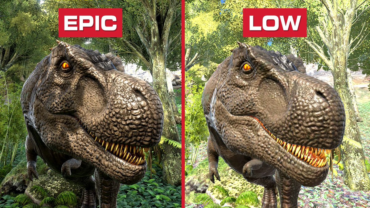 FlaminPixel's tweet photo. Epic vs Low graphic settings in @survivetheark at 4K resolution. #ArkSurvivalEvolved 
▶️ https://t.co/EFLqZ890oJ https://t.co/1rjNNpGhWR
