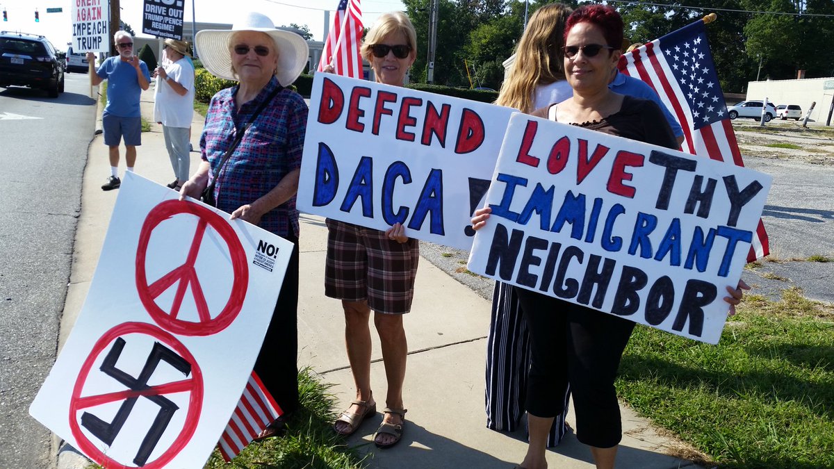 IndivisibleGCo's tweet photo. Standing with DACA recipients and rejecting hate today!  #TuesdaywithoutTillis  #DefendDACA #HereToStay #IndivisibleHighPoint #rejecthate https://t.co/xQgtQT2l0i