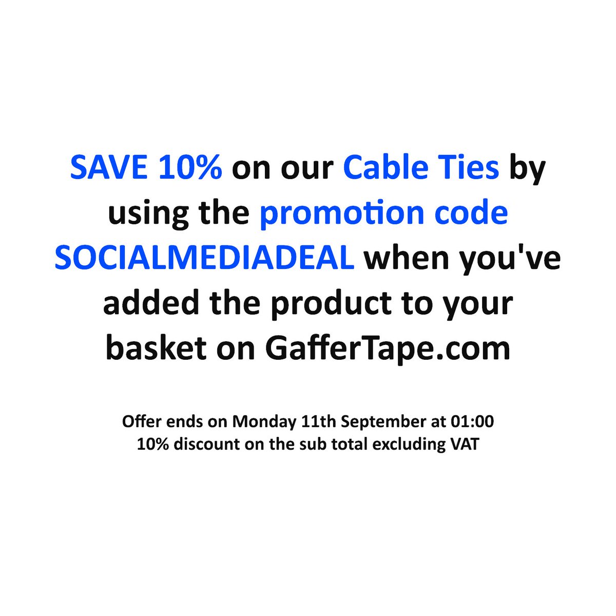 SAVE 10% on Cable Ties using the promotion code SOCIALMEDIADEAL

gaffatape.com/cable-ties-100…

#cableties #newsizes #promotioncode #discount