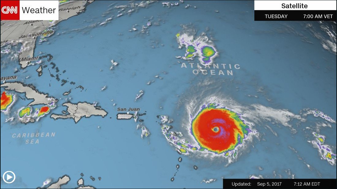 CNN's tweet photo. Hurricane Irma strengthens to Category 5, carrying maximum winds of 175 mph https://t.co/q90Ng0pim2 https://t.co/S7DvFTVFcu