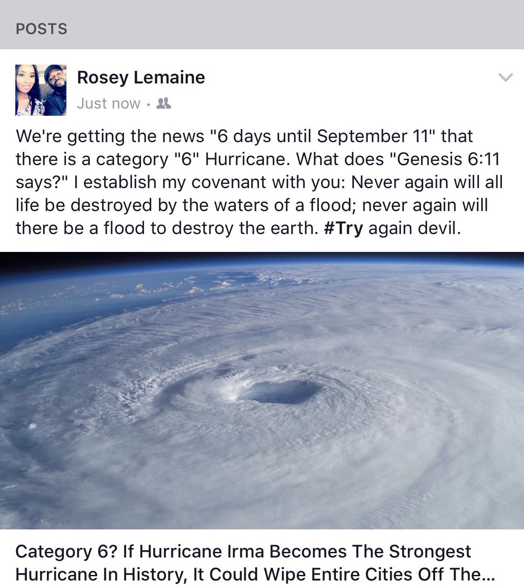 NaturalByBirth's tweet photo. 6 days until  9/11 a caegory 6Hurricane. What does Genesis 6:11 says? Never again will all life be destroyed by the waters of a flood#irma https://t.co/9iVjVMKcwv