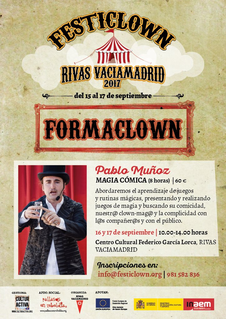 festiclown's tweet photo. Reserva tu plaza en la #Formaclown de @RivasAlDia con #PabloMuñoz en info@festiclown.org o en el 981582836! https://t.co/QwVwvQuCJY #magia https://t.co/yNkolXeQ7J