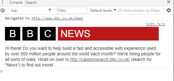 MrTree's tweet image. Love the @BBCNews website has a job ad in the browser console. Very geeky