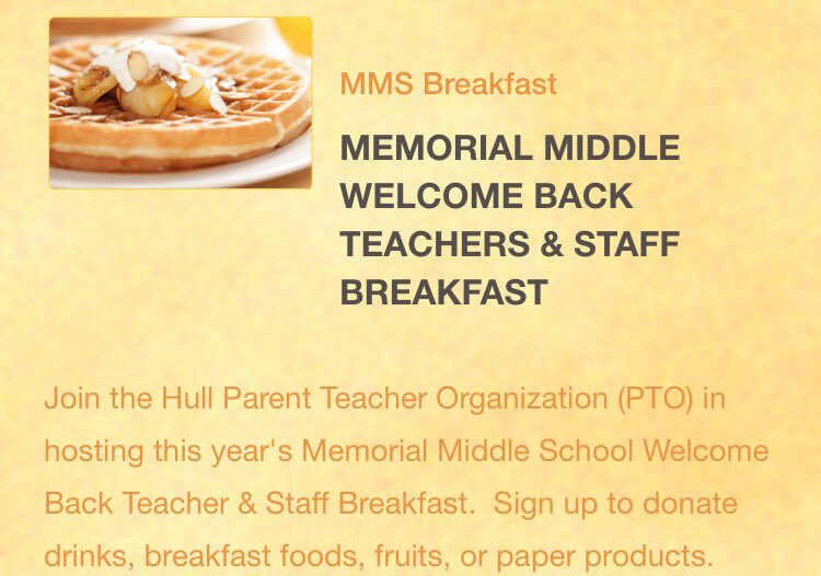 Welcome Back Teacher &amp; Staff Breakfast on 09/13/2017. Memorial School Donor/Volunteer Sign Up: signupgenius.com/go/4090b4eabae… <a href="/HullMaPTO/">Hull Ma PTO</a> <a href="/MMSHull1/">mms-hull</a>