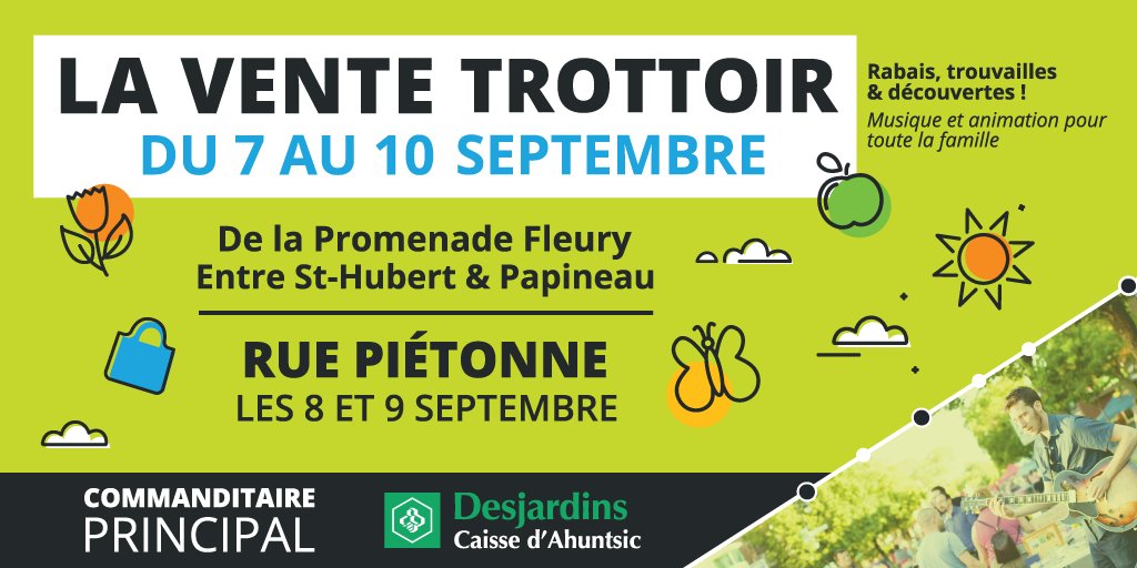 PromenadeFleury's tweet photo. La Vente trottoir de la rentrée de la Promenade Fleury c'est dès jeudi (7-10 sept) avec rue piétonne ce vendredi et ce samedi #Ahuntsic #Mtl https://t.co/fDZiO1SDDh