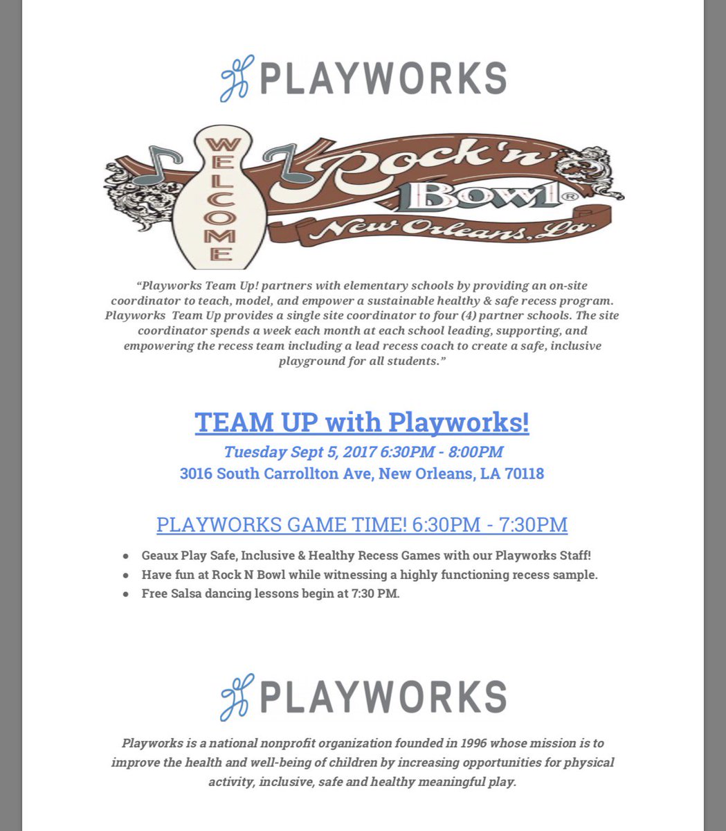 PlayworksNOLA's tweet photo. Team up with us tonight at #rocknbowl! Come have lots of fun while learning more about Playworks! #geauxplay #fun #salsa #recess https://t.co/RtAc8qucoY