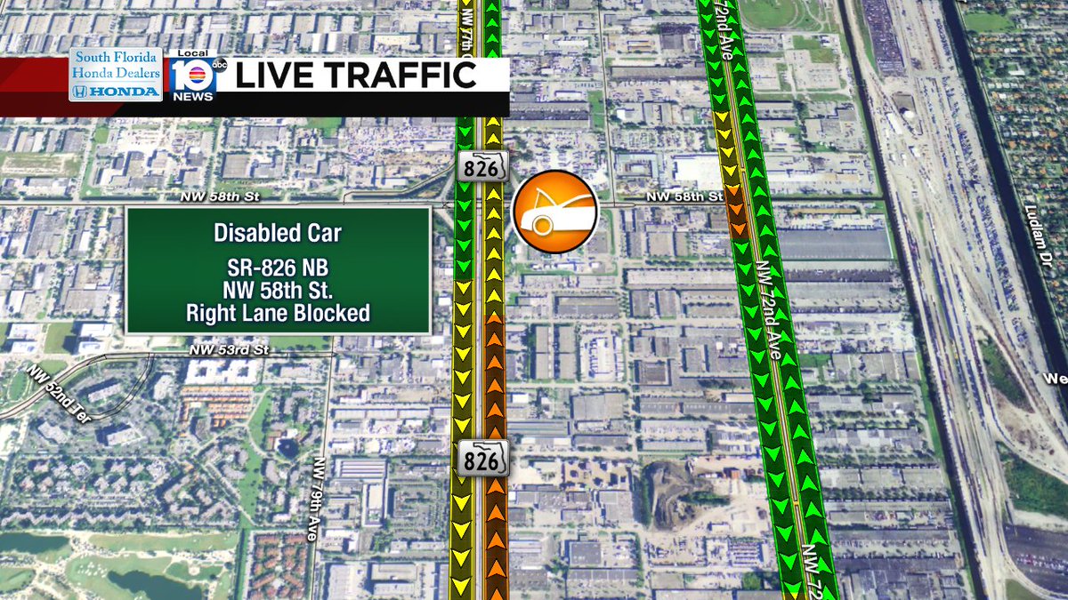DISABLED CAR: SR-826 NB & NW 58th St. A right lane is blocked; expect delays. #TRAFFIC #MIAMI https://t.co/83EtmlDwdh