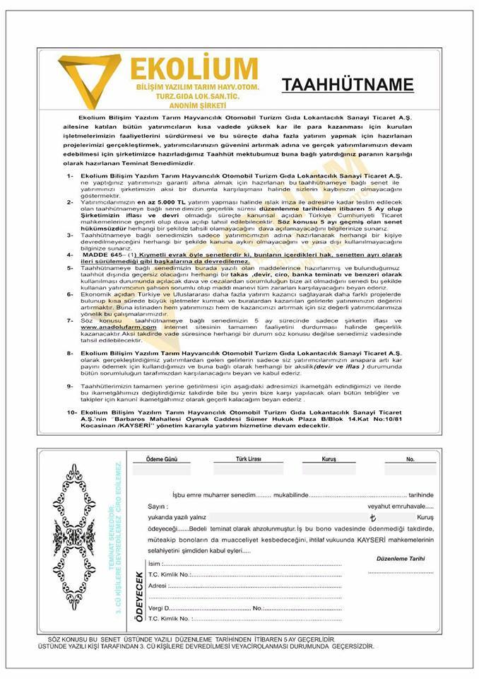 Ana para güvencesi için teminat senedi veren tek şirket olan AnadoluFarm Kazandırıyor