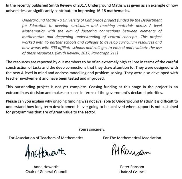 We've sent a joint letter with our colleagues at <a href="/ATMMathematics/">Teachers of Maths</a> to <a href="/JustineGreening/">Justine Greening</a> regarding the termination of <a href="/UndergroundMath/">Underground Maths</a> funding.