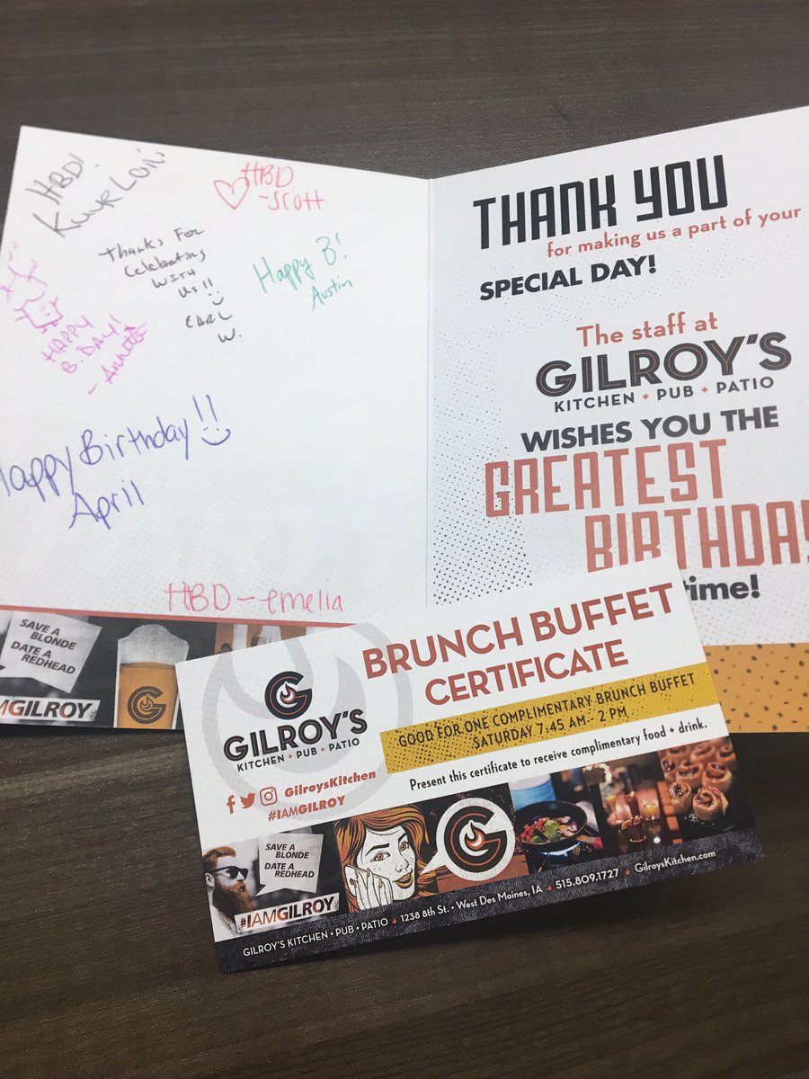 jordan_beard's tweet photo. It's always nice when places go above and beyond! Thanks @gilroyskitchen for the awesome birthday card and brunch certificate! https://t.co/pwX421bzZM