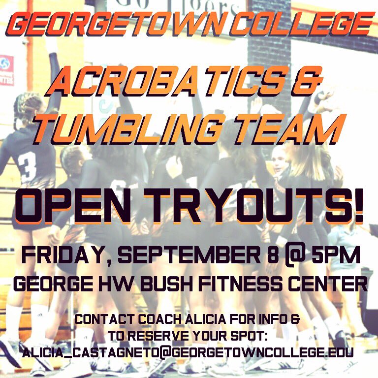 gcAcroTumb's tweet photo. The GC Acrobatics &amp; Tumbling team is having tryouts! All female GC students come out Friday, September 8th at 5pm! #gcacro  #makinghistory https://t.co/5e2tBx45i9