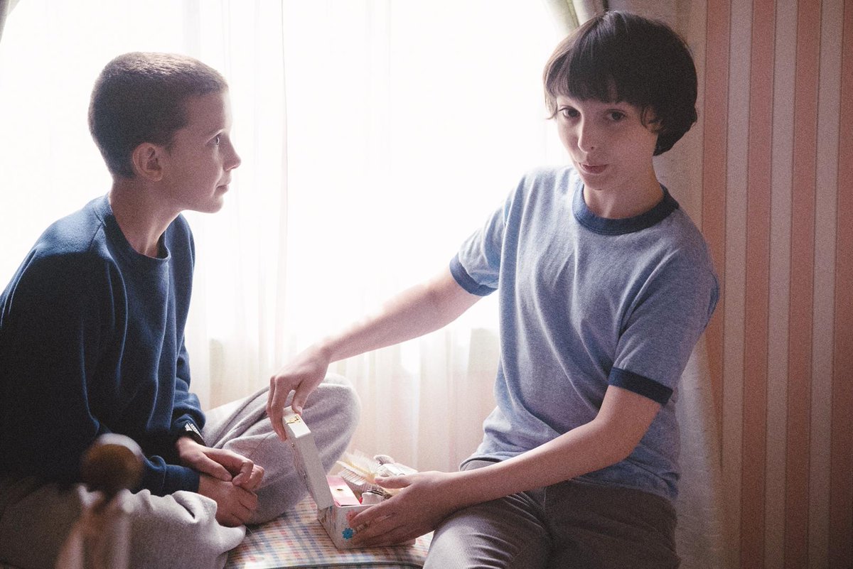 Stranger_Things's tweet photo. When @FinnSkata discovered he had to apply make-up on @milliebbrown for real. #StrangerThursdays #BTS https://t.co/VH6E13euGT