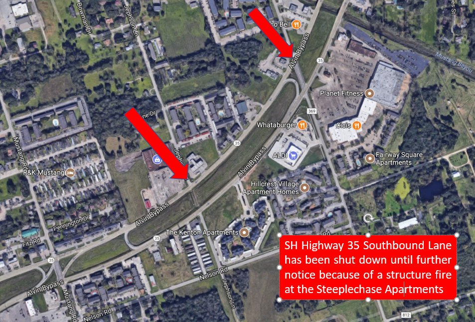 CityofAlvinTx's tweet photo. NOTICE - The SB lane of SH35 between Fairway &amp; Jepson has been shutdown due to a structure fire.  Please use an alternate route. https://t.co/BFQL7HRu2M