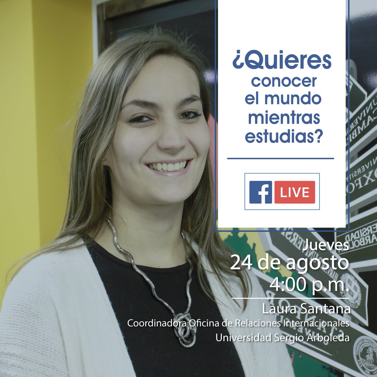 Prepara tus preguntas para Laura Santana, coordinadora de la Oficina de Relaciones Internacionales.
#FacebookLive
#Viajes
#Estudio