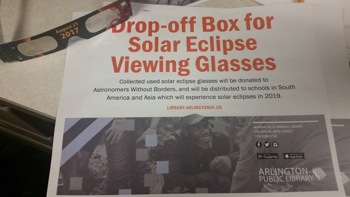APLDeborahK's tweet photo. All done with your eclipse glasses? Bring them to the library to help schools see the next eclipses! Drop them off at the front desk. https://t.co/kcDlLDU60B