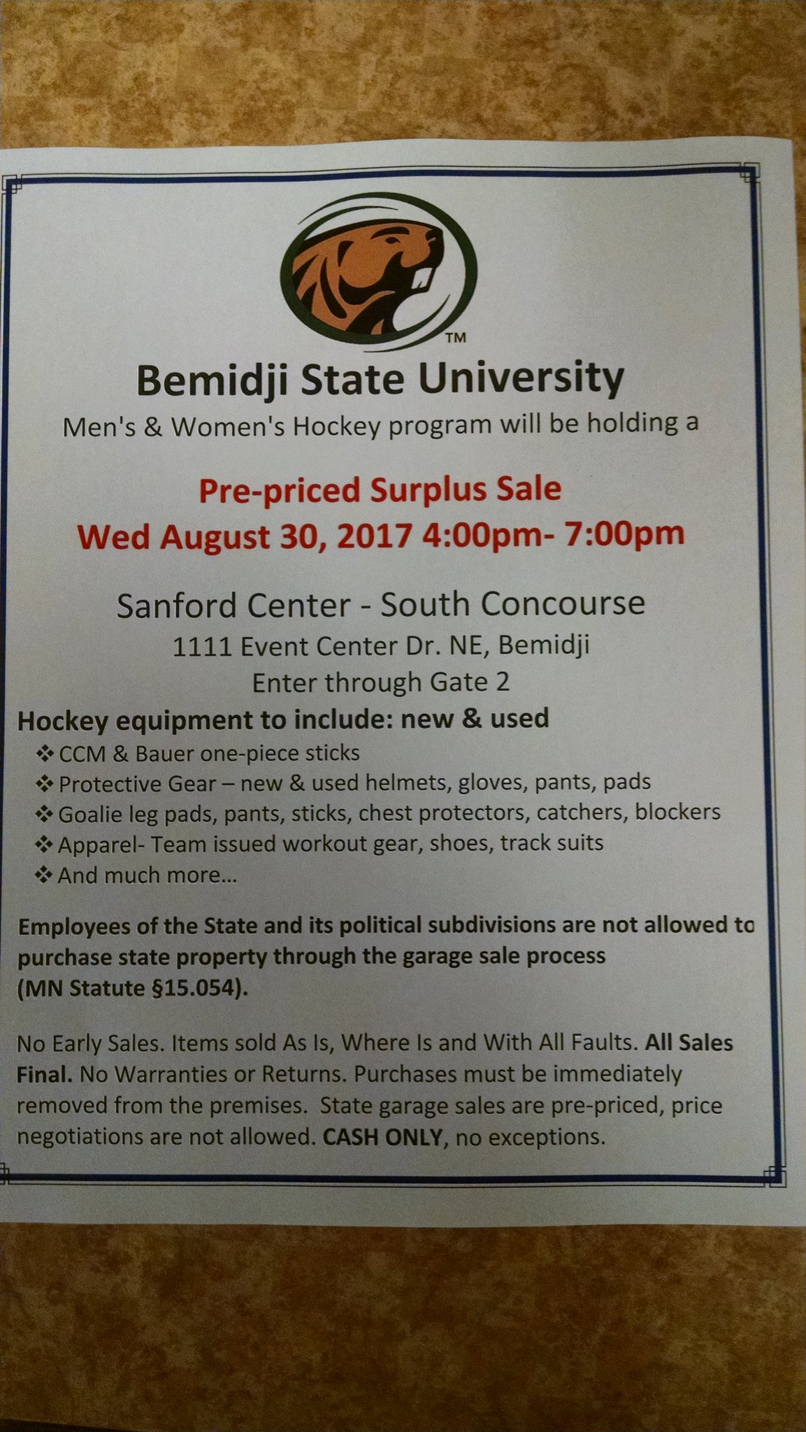 Bemidji St Men S Hockey On Twitter Equipment Sale Set For Wed