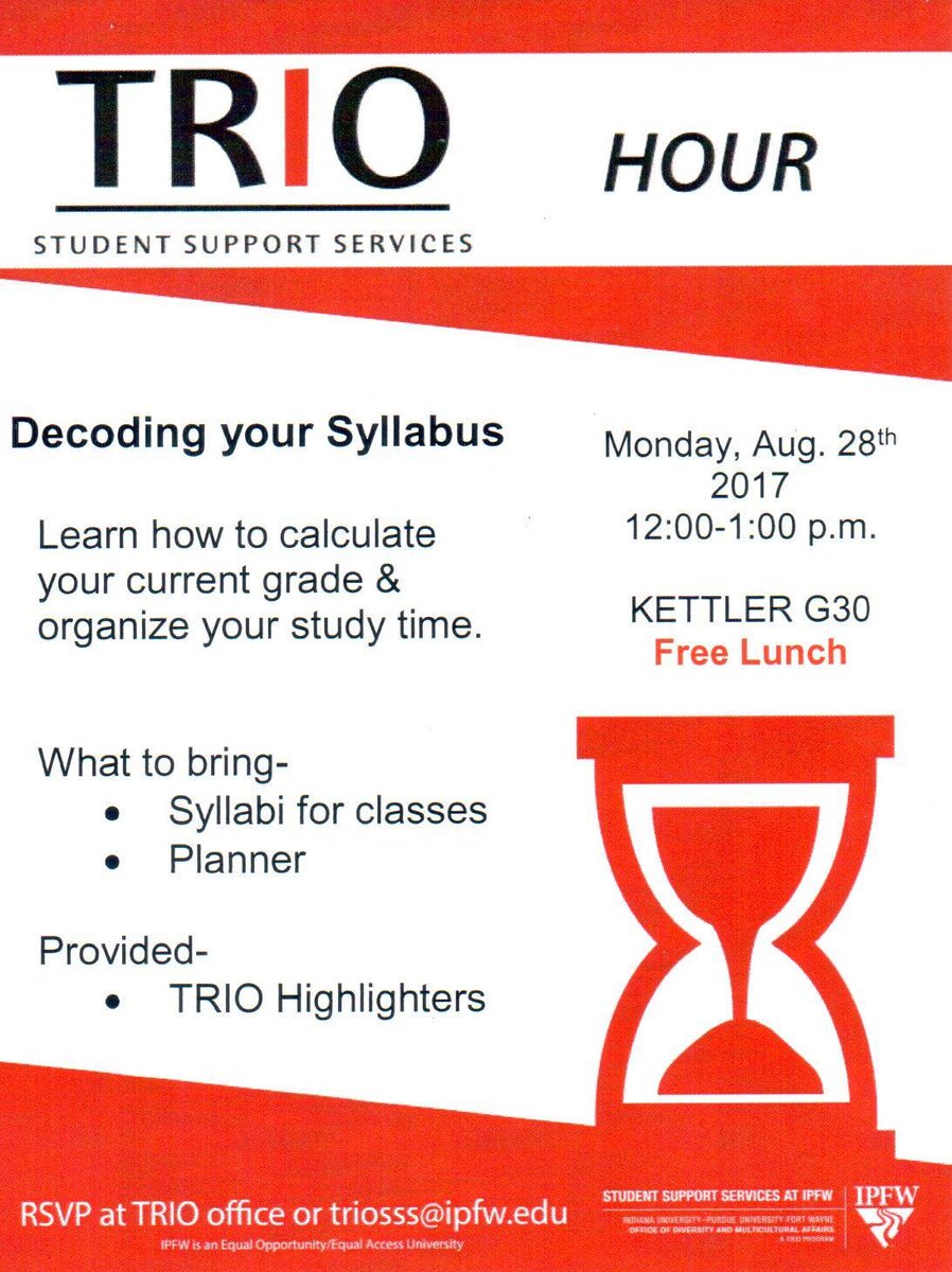 PurdueFWTRIOSSS's tweet image. TRIO Students:

The first workshop of the semester is Monday, Aug. 28 over syllabi!
Bring a syllabus from each class!

RSVP to the office!