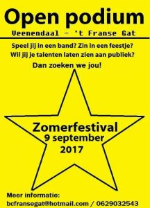 Open podium op Zomerfestival! Speel jij in een band, kun je zingen/  instrument bespelen? Dan zoeken we jou! Info: fransegat.nl
