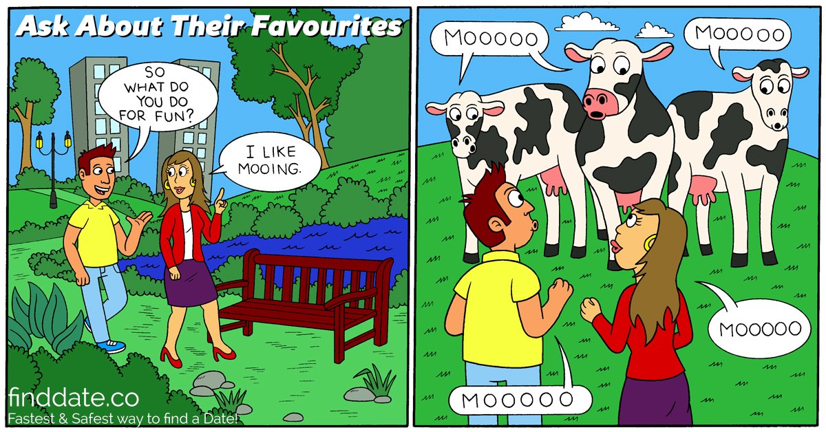 FindDateBot's tweet photo. Ask about their favourites for successful dating. Read their story here : https://t.co/2MYKta9WiM
#dating #tips #FindDate #Funny #Comic https://t.co/Vp2I82OXA9
