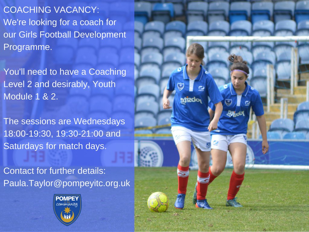 PompeyITC's tweet photo. COACHING VACANCY:
Girls Football Development Programme Coach

Contact for further details:
Paula.Taylor@pompeyitc.org.uk
02392728899 https://t.co/562tZCiV3F