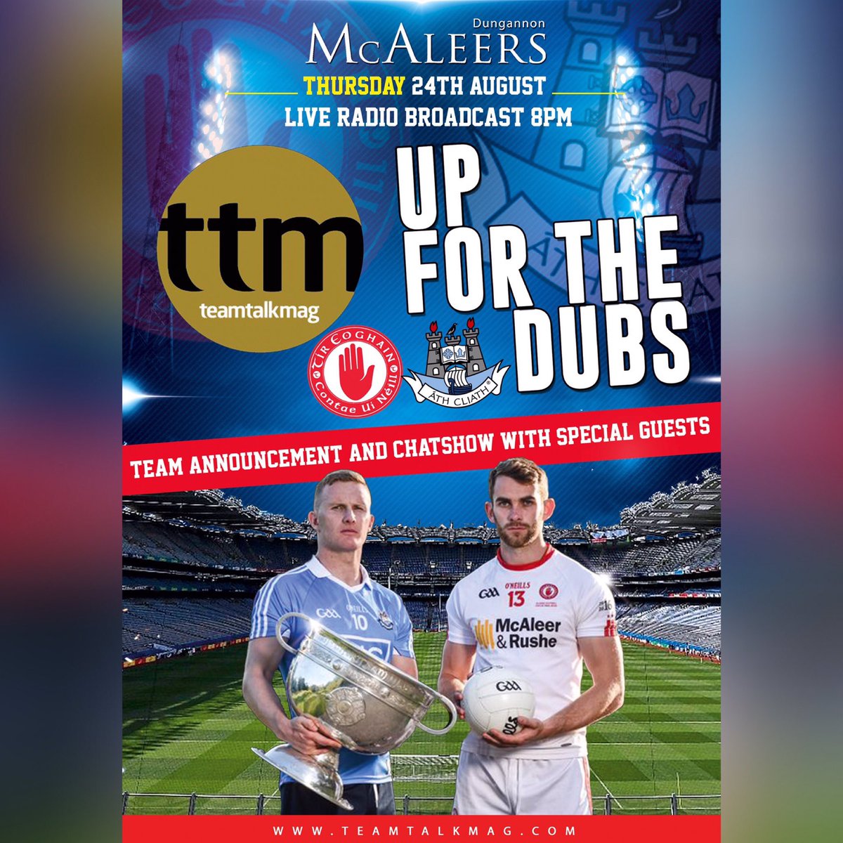 teamtalkmagLIVE's tweet photo. Join us LIVE from @McAleersBar from 8pm tonight for "Up for the Dubs". #Last4 #RaceForSam https://t.co/gvUrwo4Qjj