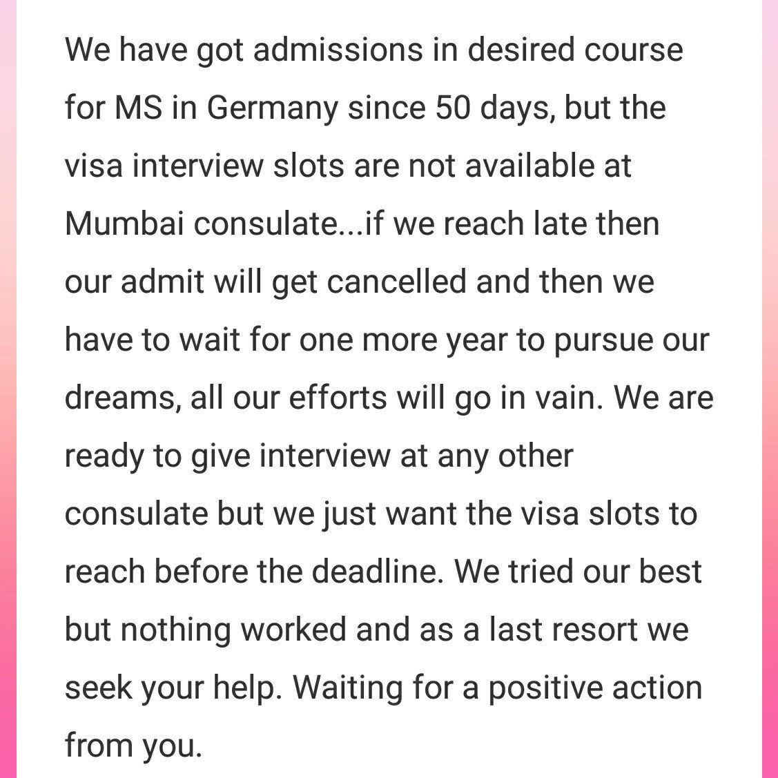 SwapnilBele5's tweet photo. @SushmaSwaraj @Dev_Fadnavis @VFSGlobal @sushilrTOI 
#NoVisaSlots #CareerAtStake #GermanConsulateMumbai #VFSMumbai #CourseStarts1stOctober https://t.co/4CqaA2EDPE