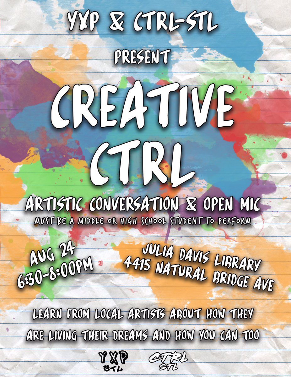 yxpstl's tweet photo. TODAY is the return of YXP! See you there! #StLouis #Youth #OpenMicNight #CreativePanel https://t.co/fJ2UsF0S35