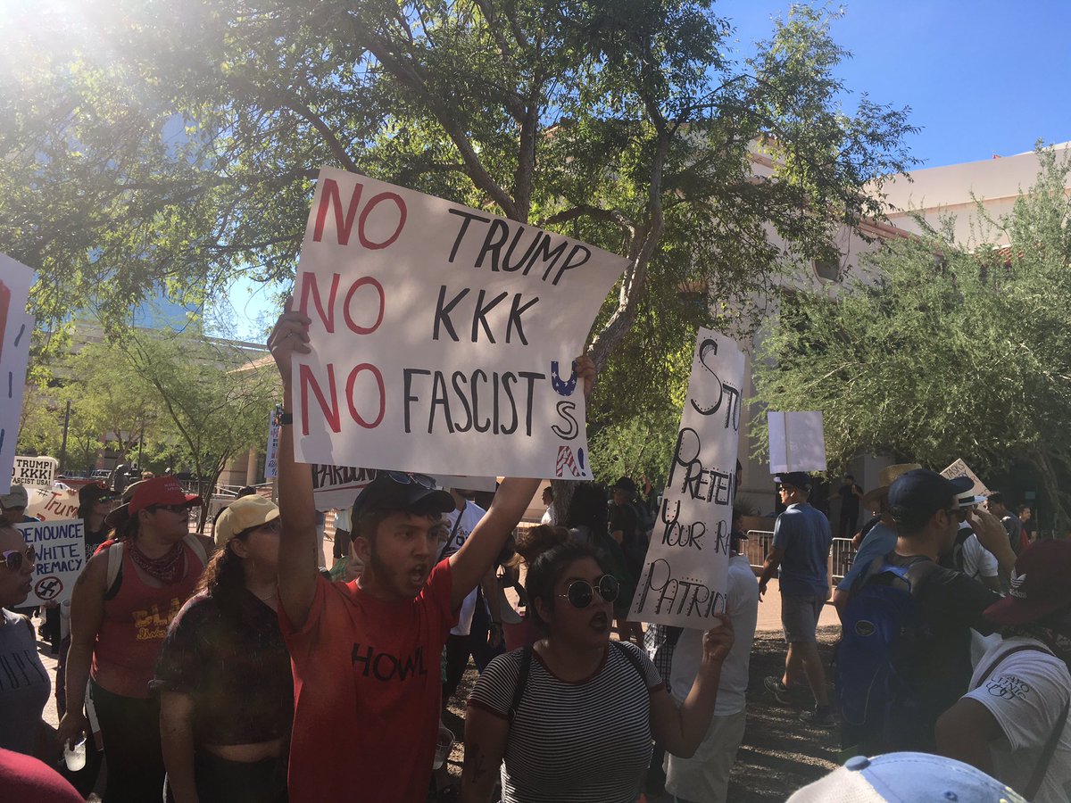 AZ360show's tweet photo. Trump visits #Arizona. We hear from supporters and protestors at the rally + analysis of the president’s speech. #AZWeek Fri @ 8:30 #PBS6 https://t.co/78ZuQ7810G