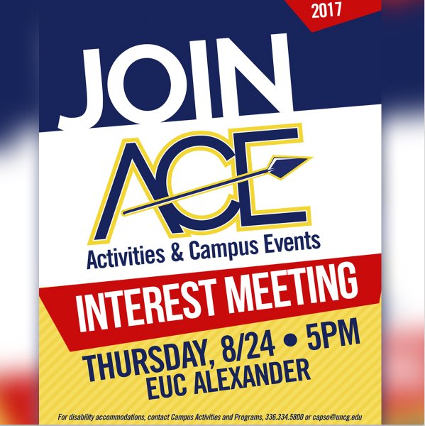 UNCGCAP's tweet photo. Want to #joinace? The interest meeting is TONIGHT in the EUC Auditorium (yes, that's a venue change!)! See you there! #GetInvolved @UNCGACE https://t.co/ULgOV0IGJD