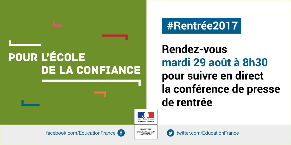 education_gouv's tweet photo. #Rentrée2017 Mardi 29 dès 8h30 suivez la conférence de presse de @jmblanquer  sur Twitter et en #direct vidéo via https://t.co/WEBoQBzN4B https://t.co/qF8YidU9MT