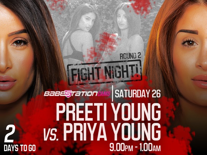 2⃣ Days to go!
...for the Twin Special #FightNightR2!

Saturday Night at 9PM!

@preeti_young vs. @Priya_Y

On https://t.co/QL3uLDpJ7A
🥊💋🔞 https://t.co/wqCOiXpbGJ