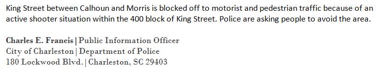postandcourier's tweet photo. Here's the official statement from @CharlestonPD on active shooter situation reported in downtown Charleston 
#chsnews https://t.co/uCCii6EEQL